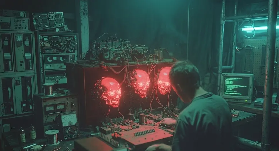 A cyberpunk workbench: three glowing faces on a monitor amid tangled cables and lab gear
