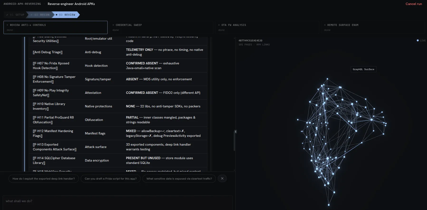 Kiwi reverse-engineering an Android APK — findings on the left, the live knowledge graph on the right
