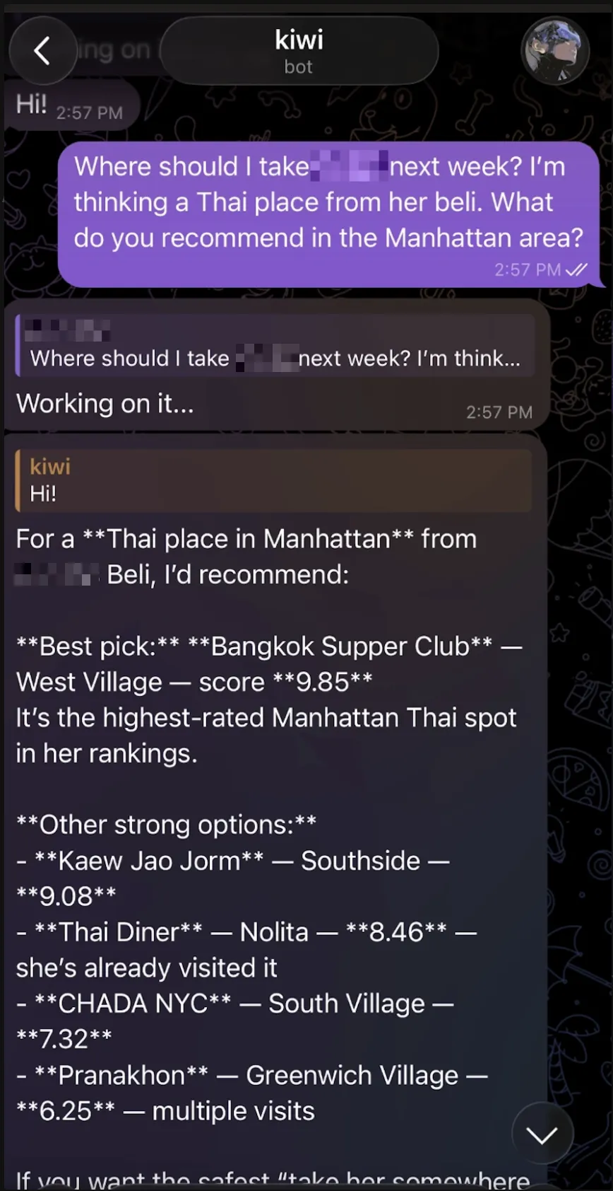 Kiwi planning a date — recommending a Thai spot from Beli bookmarks